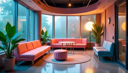 Modern pink waiting area with a rainy window view