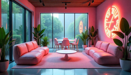 Pink interior with sofas, dining table, and rain outside