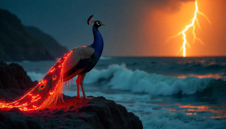 Peacock Perched on Rocks with Lighting Storm Backdropの写真素材