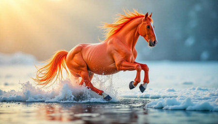 Galloping horse in water with sunset backgroundの写真素材