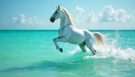 White horse galloping through turquoise ocean water on sunny dayの写真素材