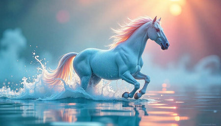 Majestic white horse running through clear water at sunsetの写真素材