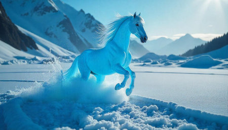 Majestic white horse galloping through snowy mountain landscape imageの写真素材