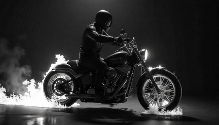 Monochrome motorcycle shot rider engulfed in motion and steam