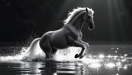 Majestic horse galloping through water in black and whiteの写真素材