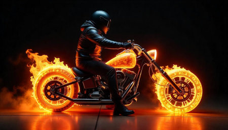 Fiery motorcycle with rider on a dark backgroundの写真素材