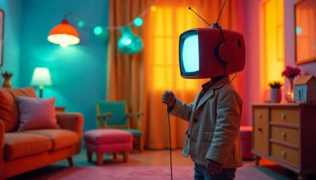 A child with a TV head standing in roomの写真素材