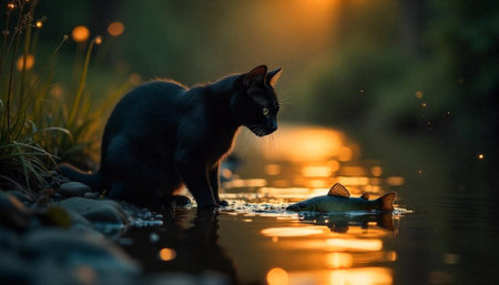 Black cat staring at fish swimming in golden waterの写真素材