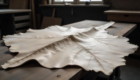 Large decorative leaf sculpture on a rustic wooden table