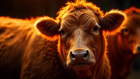 Portrait of a beautiful brown cow in warm sunlightの写真素材