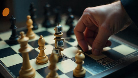 Strategic chess move on antique chessboard with robot piecesの写真素材