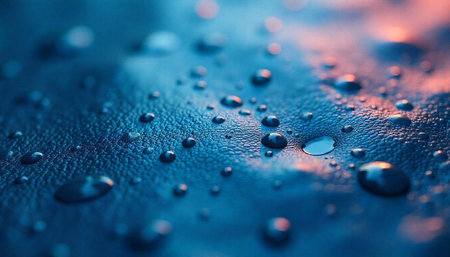 Water droplets on textured surface with soft sunset reflectionsの写真素材