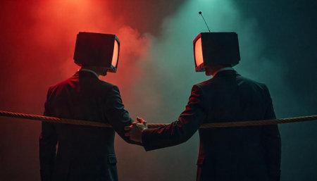 Two television head figures shake hands over a ropeの写真素材
