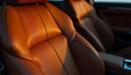 Luxury car interior showing fine leather seating detailの写真素材
