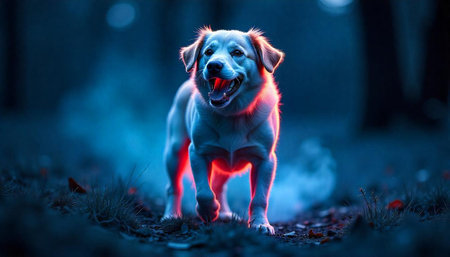 Happy dog walking in mysterious forest with neon light