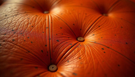 Close-up of orange leather tufted cushion with button detail