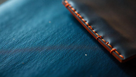 Black leather wallet with orange stitching on textured surface
