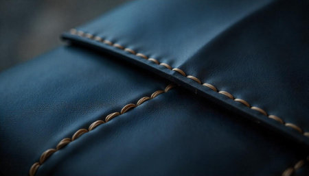 Dark blue leather surface with beige stitching detail closeupの写真素材