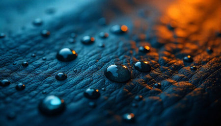 Water droplets on textured surface reflecting light and colorの写真素材