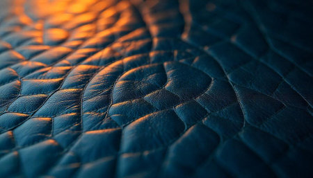 Luxury dark blue leather upholstery with warm gold highlights