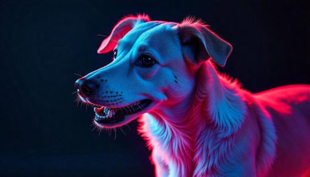 Dog portrait with neon lighting against a dark backgroundの写真素材