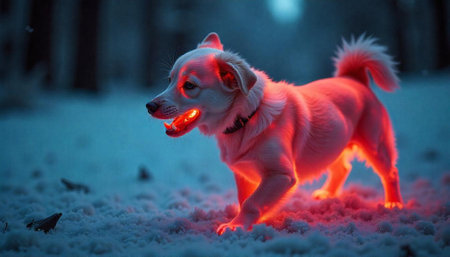 Radiant Dog in Winter Landscape with Vibrant Lighting Effects