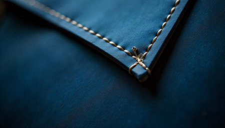 Blue leather surface detailed stitching macro texture corner viewの写真素材