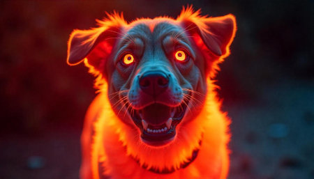 Fiery dog with glowing eyes close up portraitの写真素材