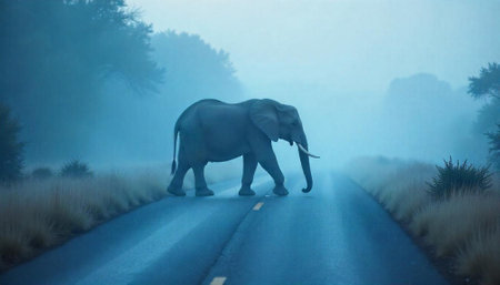 Elephant crossing road in mysterious fog covered landscapeの写真素材