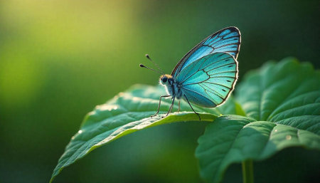 Tranquil Turquoise Butterfly Perched on a Lush Green Leafの写真素材