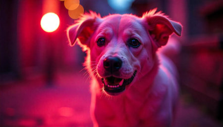 Dog portrait in vibrant red and pink lighting studioの写真素材