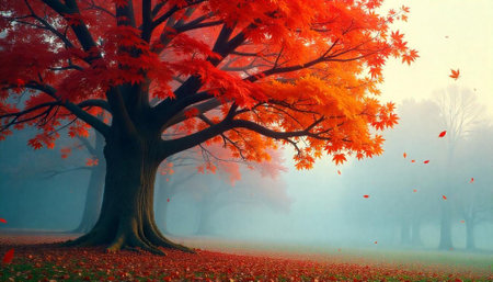 A bright autumn scene with trees and falling leaves