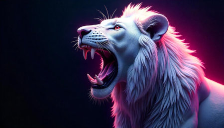 Albino lion portrait with vibrant neon pink and purple lightの写真素材