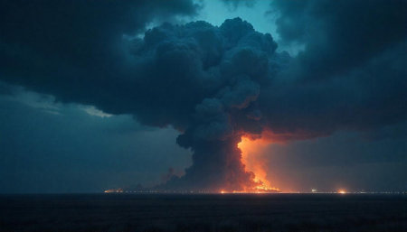 Dramatic sky showing a large fire billowing smoke