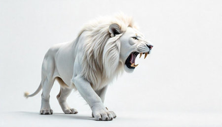 Roaring white lion walking on a plain backgroundの写真素材