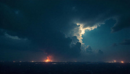 Dramatic nightscape featuring stormy skies, fire, and distant lightsの写真素材