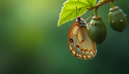 Macro shot of a butterfly resting on a twigの写真素材