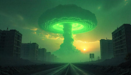Green nuclear explosion over urban landscape post apocalyptic viewの写真素材