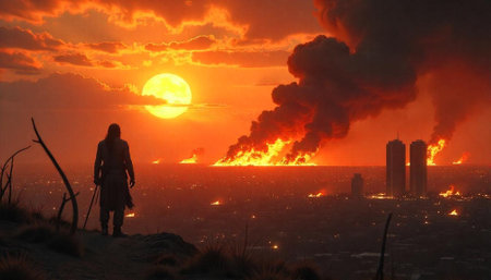 Man gazes at burning city during a fiery sunsetの写真素材