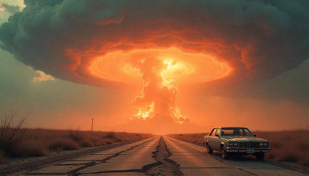 Vintage car facing nuclear explosion on desolate cracked highway