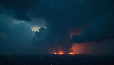 Dark storm clouds and fire across cityscape skylineの写真素材