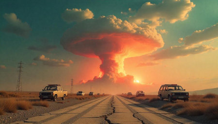 Vehicles on a deserted road under a mushroom cloudの写真素材