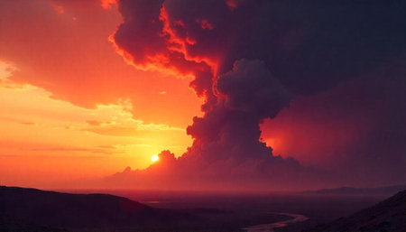 Vivid sunset over landscape with river and storm clouds