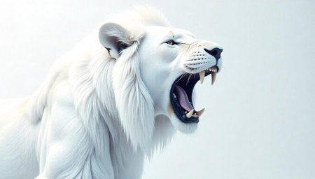White Lion Roaring Headshot with Open Mouth on Whiteの写真素材