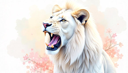 Roaring white lion portrait with soft floral background