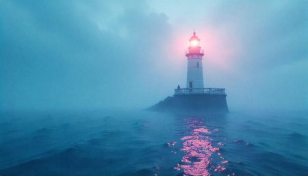 Lighthouse in blue fog with water and reflectionの写真素材