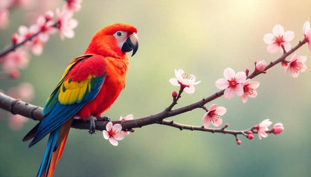 Scarlet macaw perched on a blossoming cherry tree branchの写真素材