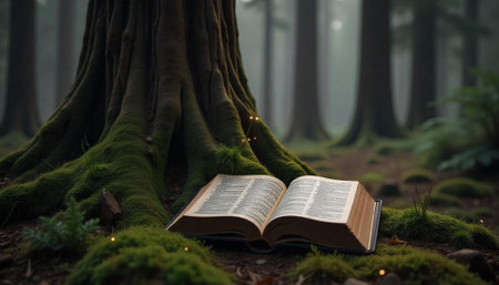 Open book at the foot of a mossy treeの写真素材