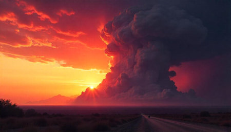 Fiery sunset over the dramatic landscape with massive cloud