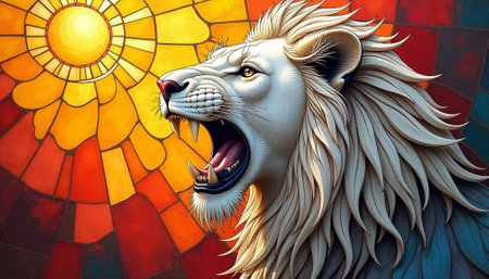 Roaring lion head in front of stained glass sunの写真素材